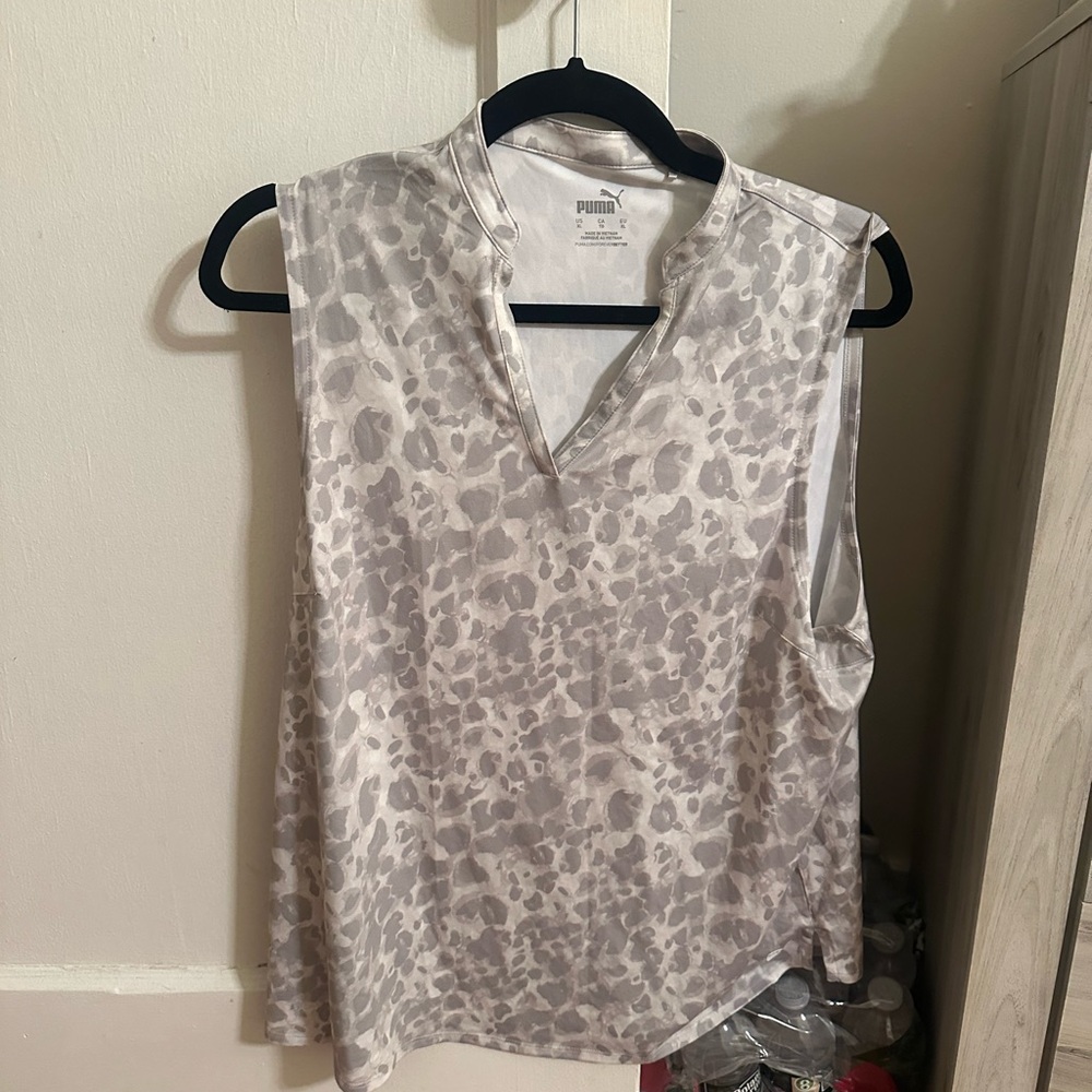 Puma Women's Gray and White Leopard Print Tank Top Golf Activewear